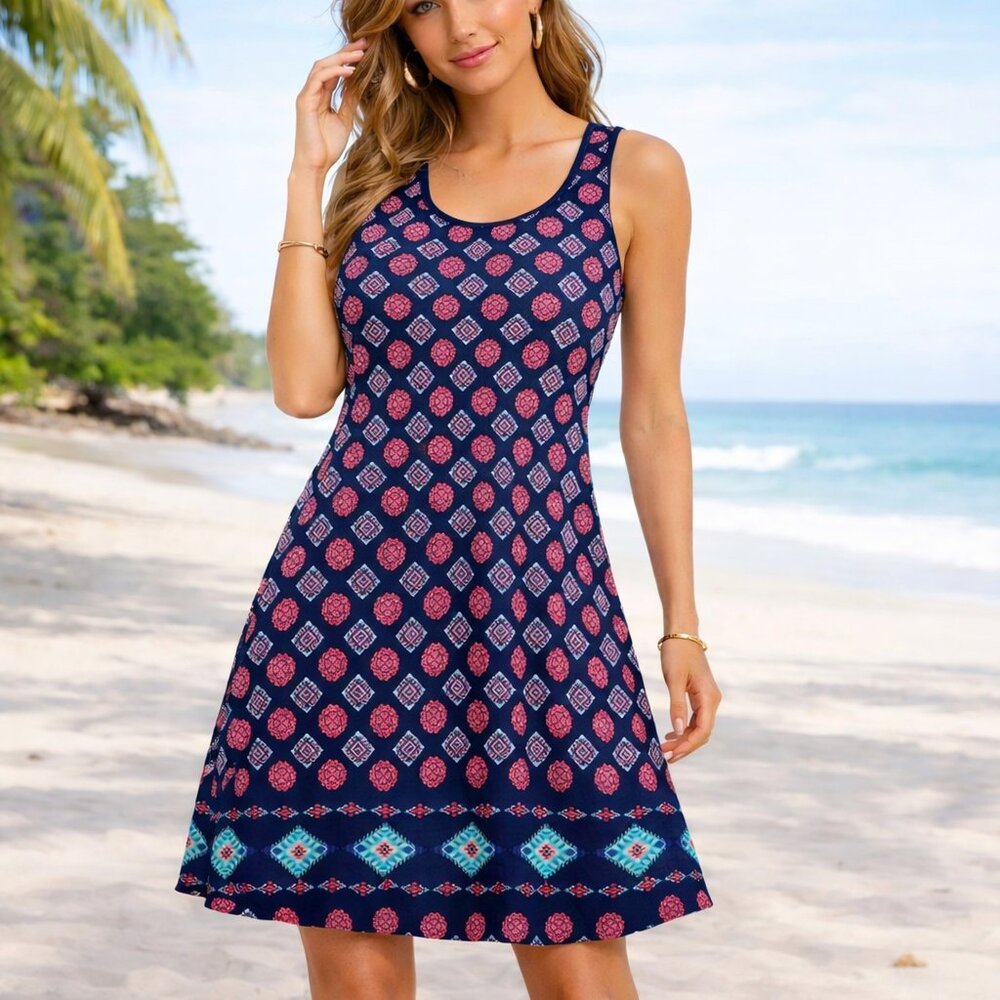 Justify Sleeveless Fit & Flare Geometric Print Dress Navy Pink Large